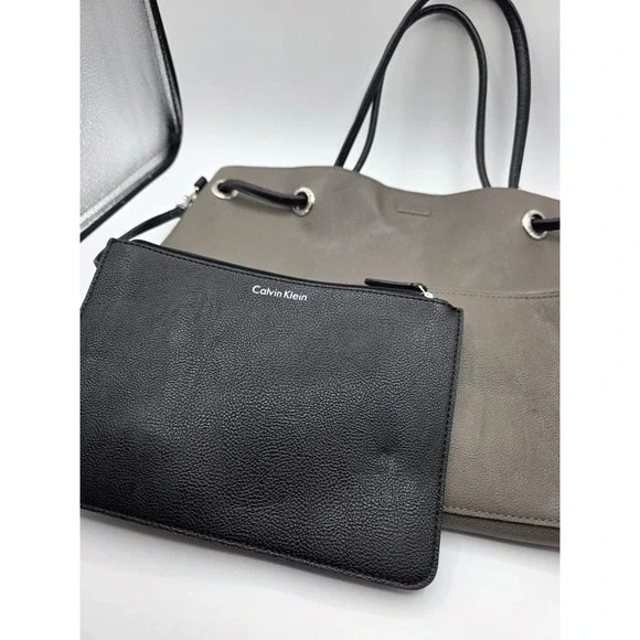 Calvin Klein Grey Leather Purse Tote Bag with Matching Pouch Magntic Closure /RR - Picture 9 of 9